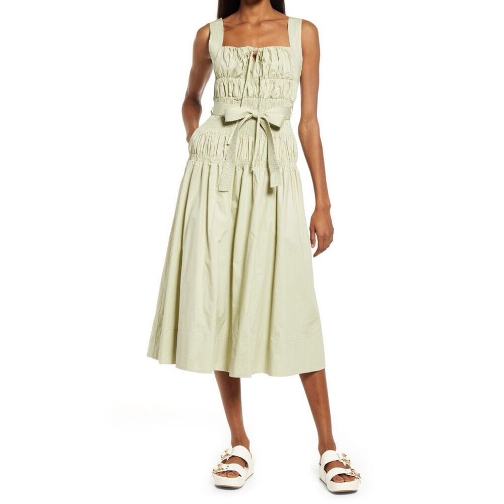 Sleeveless Midi Smocked Waist Dress in Light Sage